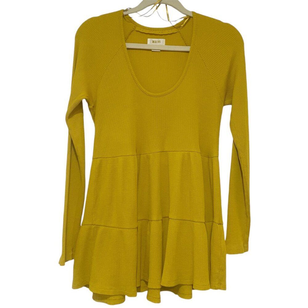 Anthro Maeve Mustard Yellow Waffle Knit Babydoll Tiered Top S Bohemian Cottage
